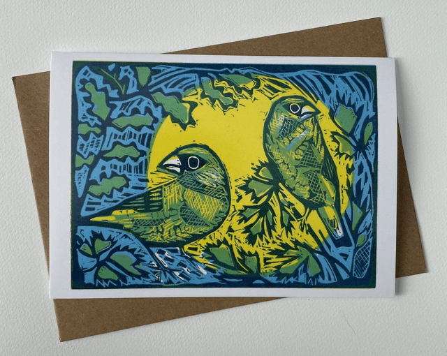 Greenfinches, greetings card